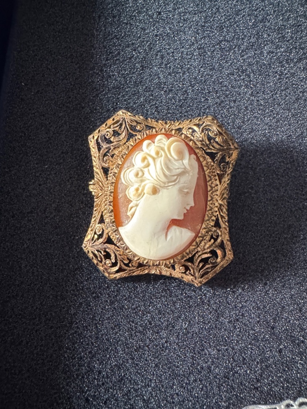 Vintage-Style Cameo Brooch in Cream and Brown with Gold Filigree